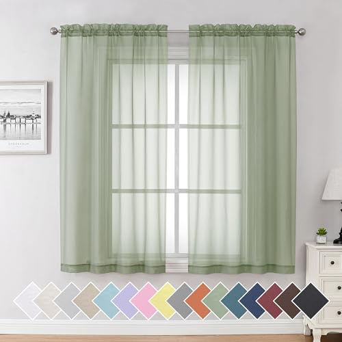 Aiyufeng salvia gröna genomskinliga gardiner 160 cm längd 2 paneler set för bondgård kök, elegant ljusfiltrering voile fönsterbehandlingar, var och en är 102 B x 160 L cm