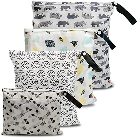 Wet Bag wasserdichte Windeltasche für unterwegs Nassbeutel Kindergarten Wetbag Kindergarten Wäschebeutel Kita Wetbag Stoffwindeln Wäschebeutel Kindergarten Wasserdicht Windeltasche für Baby 4 Set