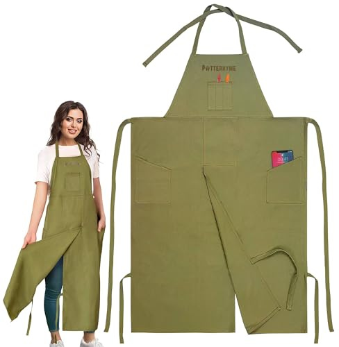 Potterhyme Full Coverage Pottery Apron Split Leg - 100% Cotton Canvas Potter's Aprons with Pockets for Women & Men - Ceramics Smock for Wheel Throwing Clay, Woodturning, Painting, or Tattoo Artists
