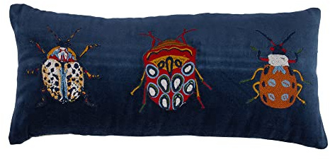 Cotton Velvet Lumbar Pillow with Beetle Embroidery, Multicolor