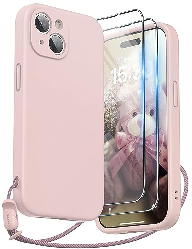 SURPHY Coque pour iPhone 15, Coque en Silicone Liquide [2 Protection écran et 1 Cordon], Housse Protection Complète iPhone 15 avec Microfibre Douce 6,1, Rose