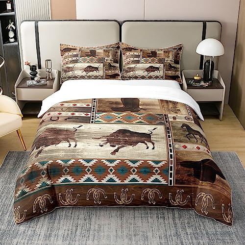 100% Baumwoll Rustikal Western Cowboy Bettdecke 200x200,Bullenpferd Bettwäsche für Cowboy,Tribal Boho Aztec Tröster Abdeckung,Bauernhaus Horseshoe Braun Southwestern Bett Sets mit 2 Kissenbezüge