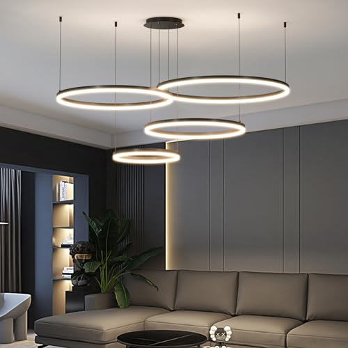 Mikeru Pendelleuchte Rund Schwarz 4 Ringe, 30+40+60+80cm Verstellbare Runde Pendelleuchten 125w LED Hängelampe Mit Memory-Funktion Hängelampe Ring 10% bis 100% Dimmbarer Kücheninsel für Wohnzimmer