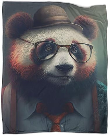 Outdoor-Spieldecken im Frühling, Hipster-Panda in Kleidung, Plüsch-Überwurf, ultraweiches Flanell-Fleece, Bedruckt, warm haltende Decken, 127 x 152 cm
