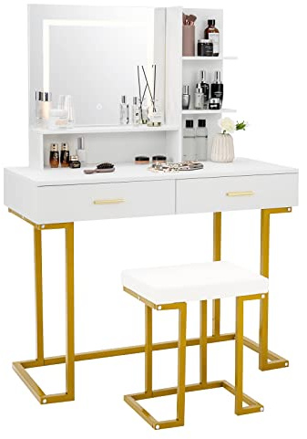 HOMASIS Schminktisch mit Hocker, Schminktisch mit verstellbaren LED-Lichtern, moderner Schminktisch mit offenen Regalen und 2 Schubladen, Weiß und Gold, 98 x 42 x 137 cm