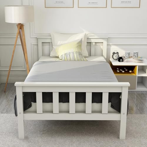 Skcess Holzbett Einzelbett Aus Bettgestell Mit Lattenrost Holzbett Mit Kopfteil - 90 X 200 cm Massivholz Kinderbett Jugendbett Kiefer Massiv Weiß
