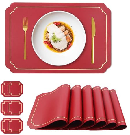 fanquare Platzsets und Untersetzer 6 Stück Rot Rechteckige Kunstleder-Tischsets mit Goldrand Hitzebeständige, waschbare, rutschfeste Tischsets für Essküchentisch Hochzeitsdekoration 45 * 30cm