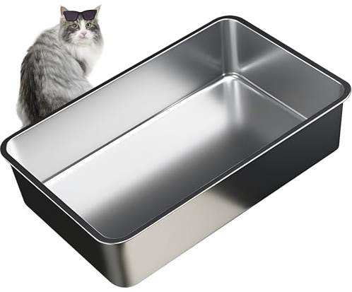 Vealind Stainless Steel Cat Litter Tray Heavy Duty 60L x 40W x15H CM, Metal Non Stick Surface Litter Box for Cats Anti-leakage Easy to Clean Open Top Kitty Litter Pan XL