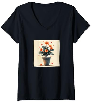 Womens Begonia Plant In Pot Cottagecore Boho Hearts Graphic V-Neck T-Shirt