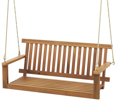 SFAREST 2-Person Swing Bench, Outdoor Solid Acacia Wood Swing Chair with Armrest, Backrest & Slatted Seat, Patio Hanging Swing Loveseat for Porch Balcony Yard, 360kg Capacity