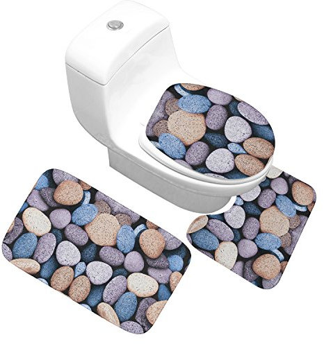 Bad Teppiche Set 3-Teiliges Blaue Lila Kieselsteine WC Vorleger Mit Ausschnitt Badematte Saugfähig WC Deckelbezug Badvorleger rutschfest Waschbar Toilettensitzbezug Badgarnitur (50x80cm)