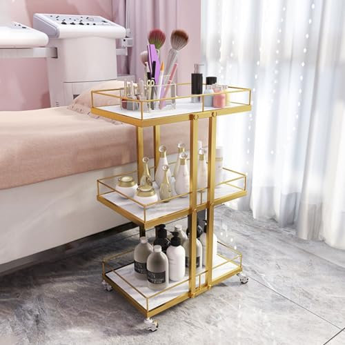 NSTVVEE 3-stöckiger Lagerwagen mit Rädern, Servierwagen für Schönheitssalons, Aufbewahrungs-Organizer-Regale, Organizer-Wagen, Badezimmer-Aufbewahrungswagen aus Metall (Gold)