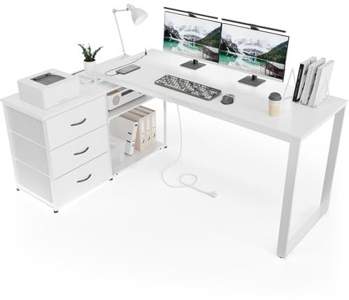 TRIUMPHKEY Schreibtisch l Form mit 3 Schubladen&Stauraum, 140 x 105 x 75 cm Reversible Eckschreibtisch, L-förmiger Schreibtisch mit 2 USB-Ladeanschlüssen und 2 Steckdosen, Weiß