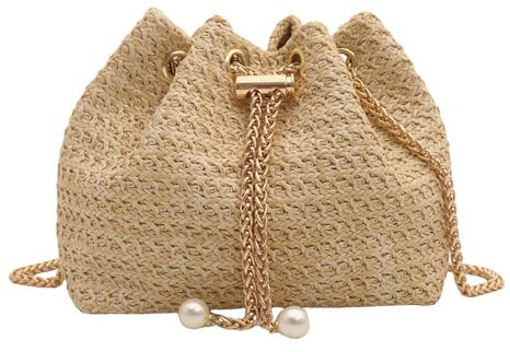 TOFBS Strandtasche Damen Häkeltasche den Sommer Stroh Clutch mit Kette Crossbody Tasche Vintage Boho Stil Umhängetasche für Strand Urlaub Reisen (Khaki)