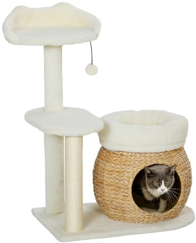PawHut Kratzbaum Katzenkratzbaum Katzenhöhle Bett 79 cm Cremeweiß | für Katzen bis 5 kg, Spielbälle, Sisal-Kratzsäulen, Katzenbaum