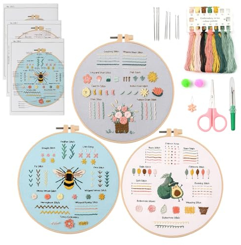 QEEYON Kit de práctica de bordado para principiantes, 3 juegos de kit de iniciación de bordado para adultos, aprendizaje de 30 puntadas diferentes, incluye tela con patrones, hilo, agujas, aros