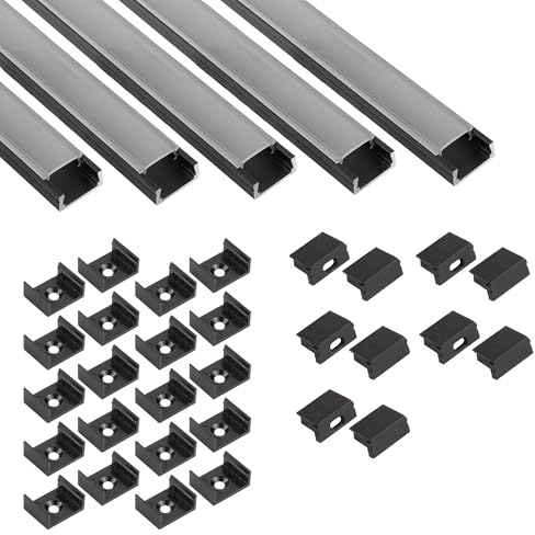 tktrading24 5x A15 LED Profil 2m - Schwarz + Abdeckung opal, Halter & Endkappen