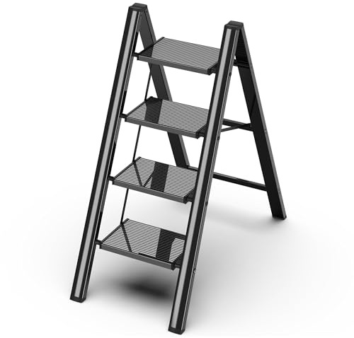 GameGem Escabeau 4 Marches, Tabouret Pliable à Pédale Large Anti-Dérapante en Aluminium Léger mais Robuste, Capacité 150 kg, Design Moderne Mignon pour Espaces Domestiques Intérieurs