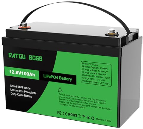DATOUBOSS 12V 100Ah LiFePO4 Litiumbatteri med 100A BMS, 4000-15000 Djupa Cykler, 1280Wh-Lithium Battery, Supportserie/Parallellanslutning, för Husbil, Camping och Off-Grid-System