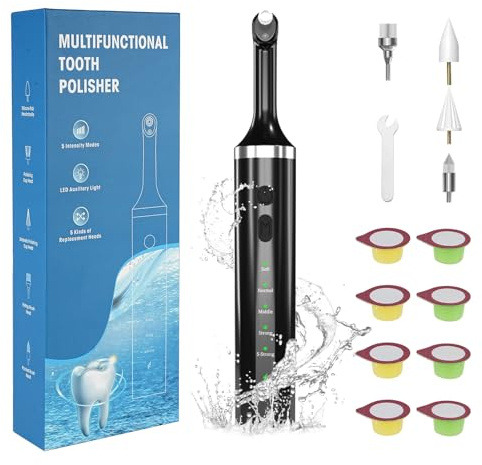 Teeth Polisher with 5 Brush Heads 8 Polish Pastes 5 Speed Modes and LED Light IPX6 Waterproof Tooth Polishing Kit Teeth Cleaner Tools for Home Use Teeth Whitening and Cleaning (Black)