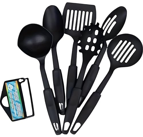 NTEK Kitchen Utensils Set—6 Pcs Silicone Cooking Tools for Non-Stick Cookware—Heat Resistant, Non-Scratch, Dishwasher Safe—Includes Turner, Ladle, Spatula, Spoon & Pasta Server (Black)