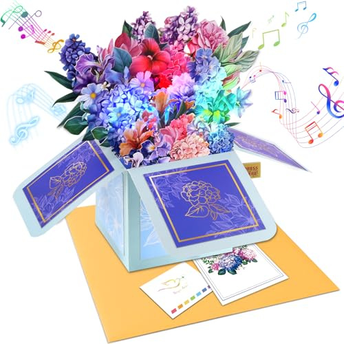 3D Musical Pop Up Hydrangea Card with Light – Birthday Bouquet in a Box, Plays Music and Lights Up, Incl. Envelope and Note Cards – Birthday Gift for Women