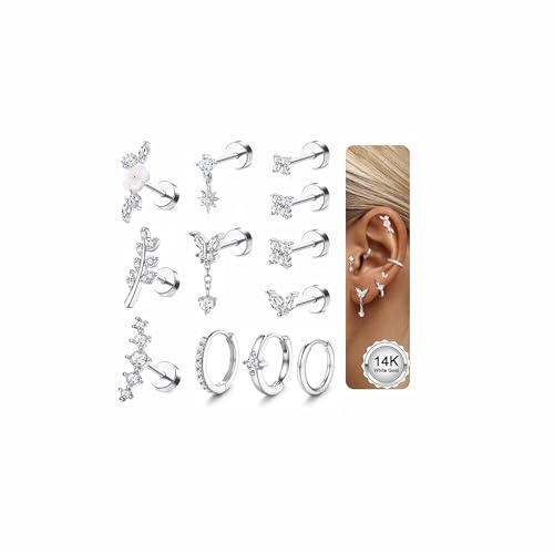 MILACOLATO 12Pcs Piercing Oreja Pendientes Acero Inoxidable Mujer Piercing Tragus Helix Cartílago Pendientes Dorados Hipoalergenicos Tachuelas Pendiente Pequeños Oro/Plata-AS