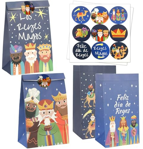 Augshy 16pcs Bolsas Regalo Reyes Magos con Etiquetas, Papel Regalo Reyes Magos Decoración, Bolsas Papel Navidad para Dulces, Juguetes, Fiesta Caramelos y Detalles Navideños