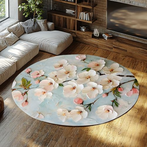 Alfombras área redondas para sala estar lavables a máquina Alfombra dormitorio universitario con estampado azul pastel flor cerezo Tapete floral resistente a las manchas para interiores que 135cm