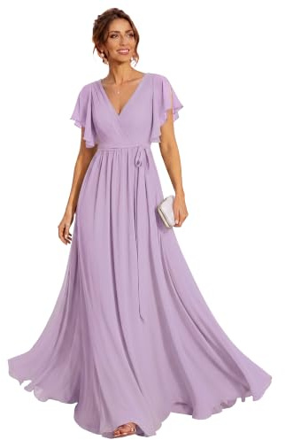 Ever-Pretty Maxi Scollo a V Increspato Busto Chiffon Abito da Sera Formale con Maniche 0164A | Abito per la madre della sposa, abito da matrimonio, estivo, linea A, maniche a volant, plissettato