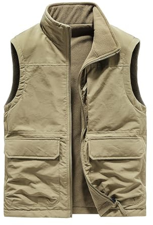 Herrväst med flera fickor – utomhus vardaglig lätt fleece-väst, quiltad tjock vindtät ärmlös väst jacka, lätta puffervästar med fickor, mäns funktionella utomhusytterkläder, Khaki, M