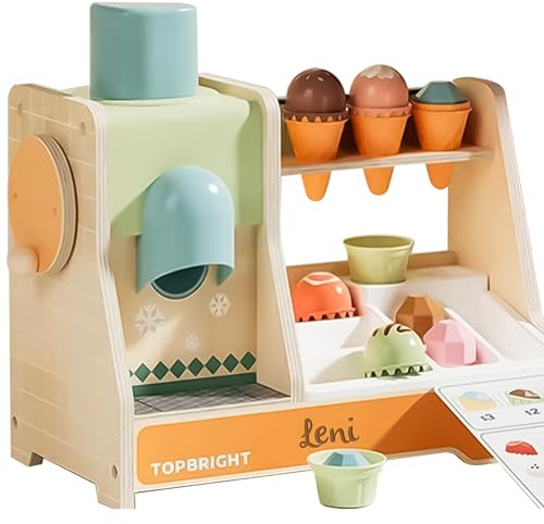 Eisdiele Kinder Holz mit Zubehör – EIS Spielzeug für Kinder – Eisladen & Eiswagen Kaufladen Set – Spielküche Zubehör – Rollenspiel Lebensmittel – Kinder Geschenk ab 3 Jahre – TOPBRIGHT