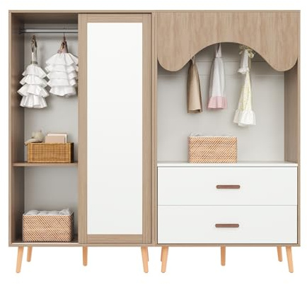 dowowdo Armoire Enfant 2 Portes Coulissantes avec Rangement Ouvert, Blanc et Bois Naturel, 141.5 cm - pour Chambre d'enfant, Garçon et Fille, Tous Âges, Petits Espaces