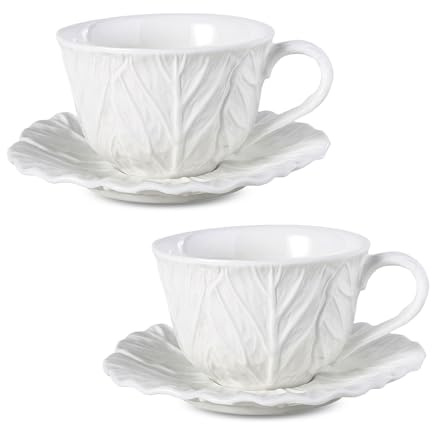 2er set Blumenform Kaffeetassen mit Unterteller aus Keramik, 220 ml Cappuccino Tassen Set, Englische Art, Weiß Milchtasse Espressotasse Set Teeservice Geschenk Becher Set