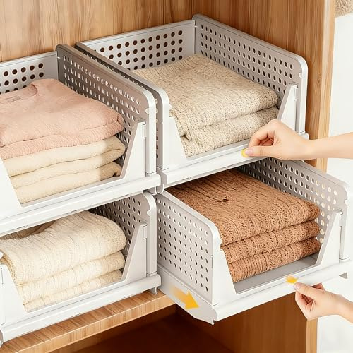 Freyeeti 4 Pezzi Organizer Armadio Cassettiere, Organizer Pieghevole Impilabili, per Armadio per Vestiti Camera da letto, Cucina, Bagno, Casa, Bianco