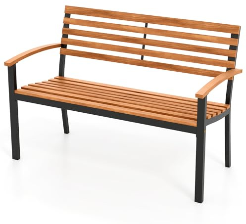 COSTWAY Gartenbank Holz, Holzbank wetterfest, 2-Sitzer Sitzbank aus Akazienholz, Balkonbank mit Armlehnen & Metallrahmen, Terrassenbank bis 360 kg belastbar, Parkbank für Garten, Balkon, Terrasse