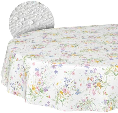 Mantel de Hule Lavable, fácil de Limpiar, Impermeable, Efecto Loto, Exterior, Primavera, jardín, Flores, Ovalado, 160 x 140 cm, Borde de Corte