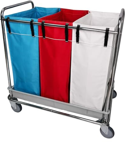 Carro de Lavandería Profesional Cromado con 3 Bolsas Plastificadas (80L) - Clasificador de Ropa Sucia con Ruedas 125mm y Base de Polipropileno - Ideal Hoteles y Residencias (95x65x104 cm)
