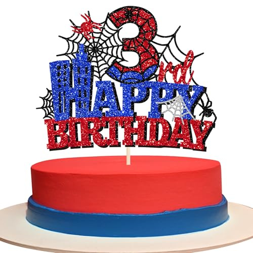 Xsstarmi 1 Pack 3rd Birthday Cake Topper Red Blue Glitter Superhero Spider Funny Bday Cake Pick for Happy Third Birthday Celebration Party Cake Decorations Supplies