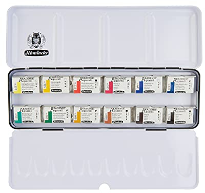 Schmincke – Akademie Aquarell Farbkasten, Grundsortiment 12 x 1/1 Näpfchen, 75 312 097, Metallkasten, hoch lichtechte Farbtöne, feine Künstler-Aquarellfarben
