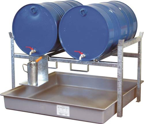 Fassregal, Stahl verzinkt, mit Fassauflage für 2x2 00-l-Fässer, GFK-Auffangwanne 220 l, BxTxH 1410x12