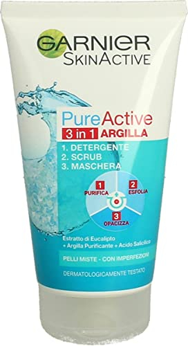 Garnier Skin Active Pure Active 3In1 Argilla, Pelli Miste - Con Imperfezioni Detergente + Scrub + Maschera, 150 Ml, 14.5 x 8 x 4.5 cm; 150 ml
