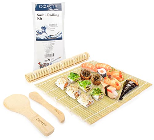 Exzact Kit de bambú para enrollar sushi 4 piezas – 2 x esteras, 1 x paleta de arroz, 1 x esparcidor de arroz, Todo natural (EX-SR04)