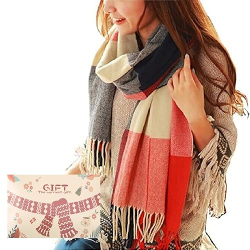 Tuopuda Hiver Echarpe Femme Plaid Longue écharpe Chaude Grande Châles Doux Foulards Glands Elégant Wrap Châles Etoles Écharpe, Rouge Bleu, Taille unique
