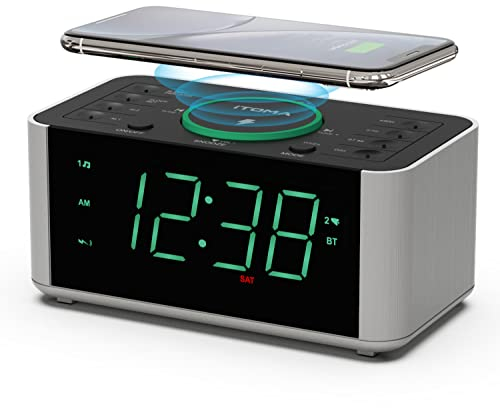 iTOMA Radiosveglia con ricarica wireless da 5 W, snooze, Bluetooth, doppia sveglia, display LED da 1,4'', dimmer, orologio con ricarica USB per comodino 206
