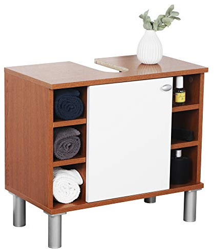 RICOO Mobile bagno 60 x 54 x 32 cm WM100-ER-W Mobiletto sotto-lavabo Armadio salvaspazio Arredamento Copricolonna Legno rovere marrone Porta bianca