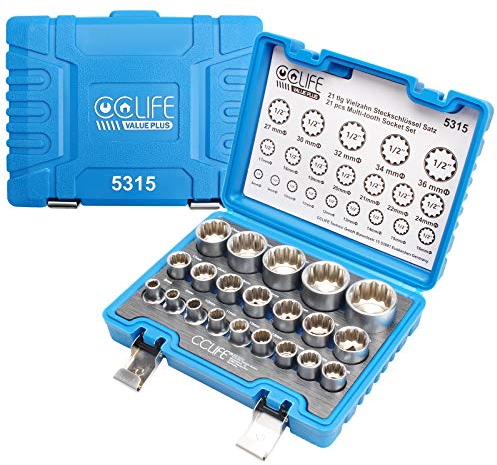 CCLIFE 21tlg 1/2' Vielzahn Nuss Satz Steckschlüssel Set für 6 und 12 Kant 8-36mm Außenvielzahn Stecknuss Nusskasten