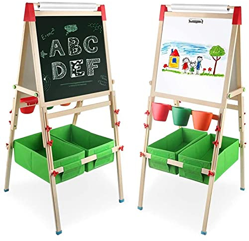 Veluoess 4 in 1 Kids Wooden Art Easel with Paper Roll, Double-Sided Easel for Painting Wooden Multi-Activity Blackboard Drawing Tools Learning Toy for Kids
