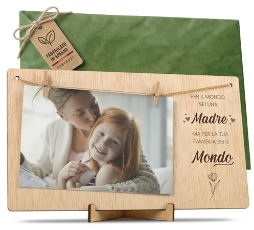 CONTRAXT Portafoto con mollette legno Mamma. Regalo dettaglio sorpresa Cornice Portafoto biglietto di auguri Festa della mamma migliore ti amo madre porta foto mollette polaroid Photo (Mamma IT)