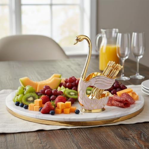 Estink Coffee Spoon Set, European Elegant Swan Fruit Scoop Holder, 6pcs Metal Dessert Spoons, Gold